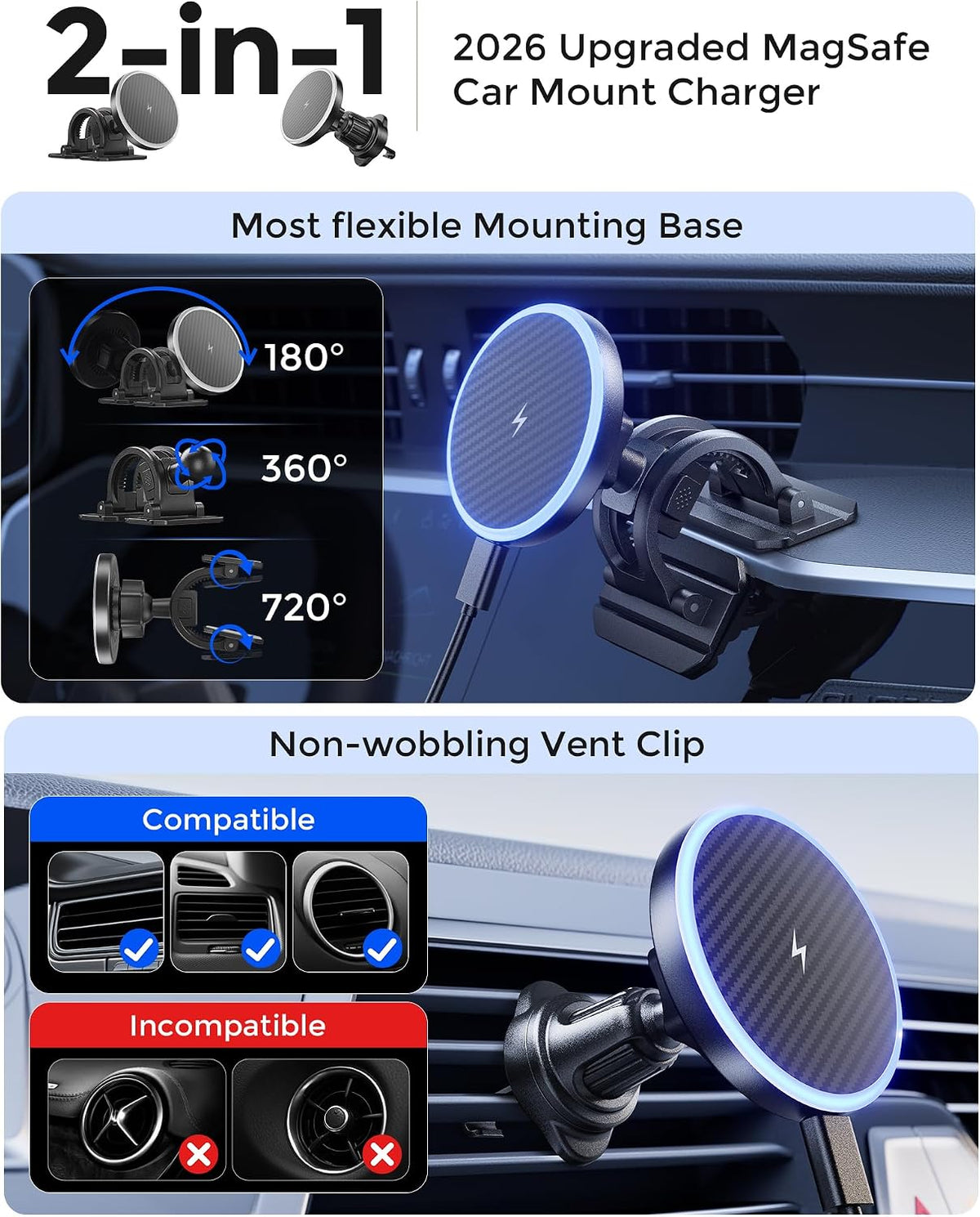 Estbuc 2-in-1 15W Magsafe Car Mount Charger, Magnetic Wireless Car Charger