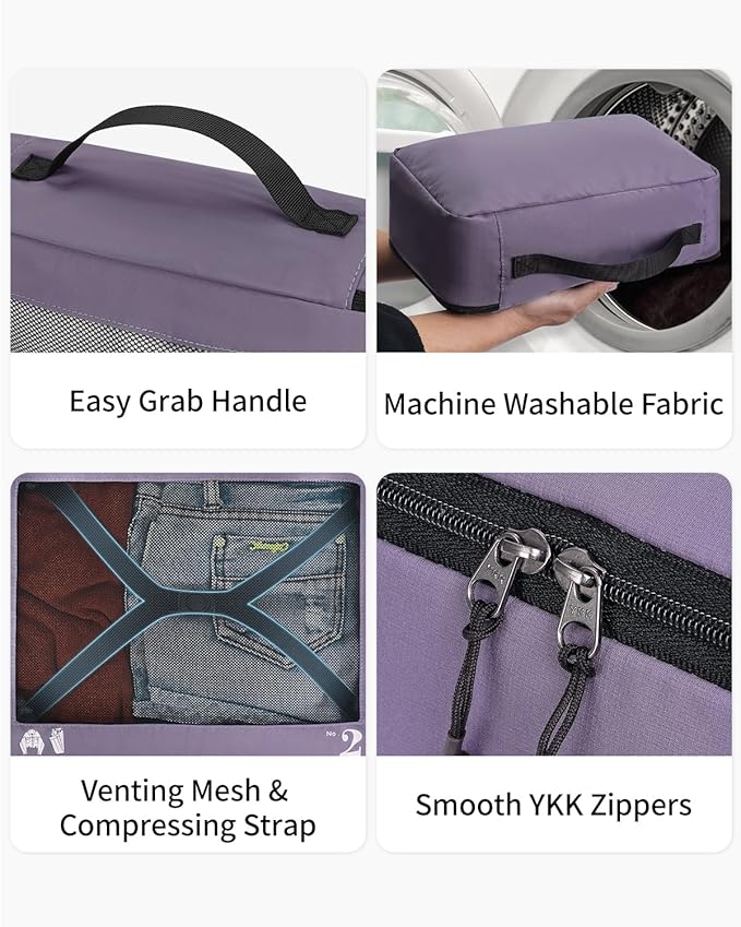 ECOHUB 7 Set Packing Cubes Tear-Resistant Luggage Packing Organizers with Number Icon for Travel Accessories Luggage Suitcase Machine Washable Packing Cubes (Purple)