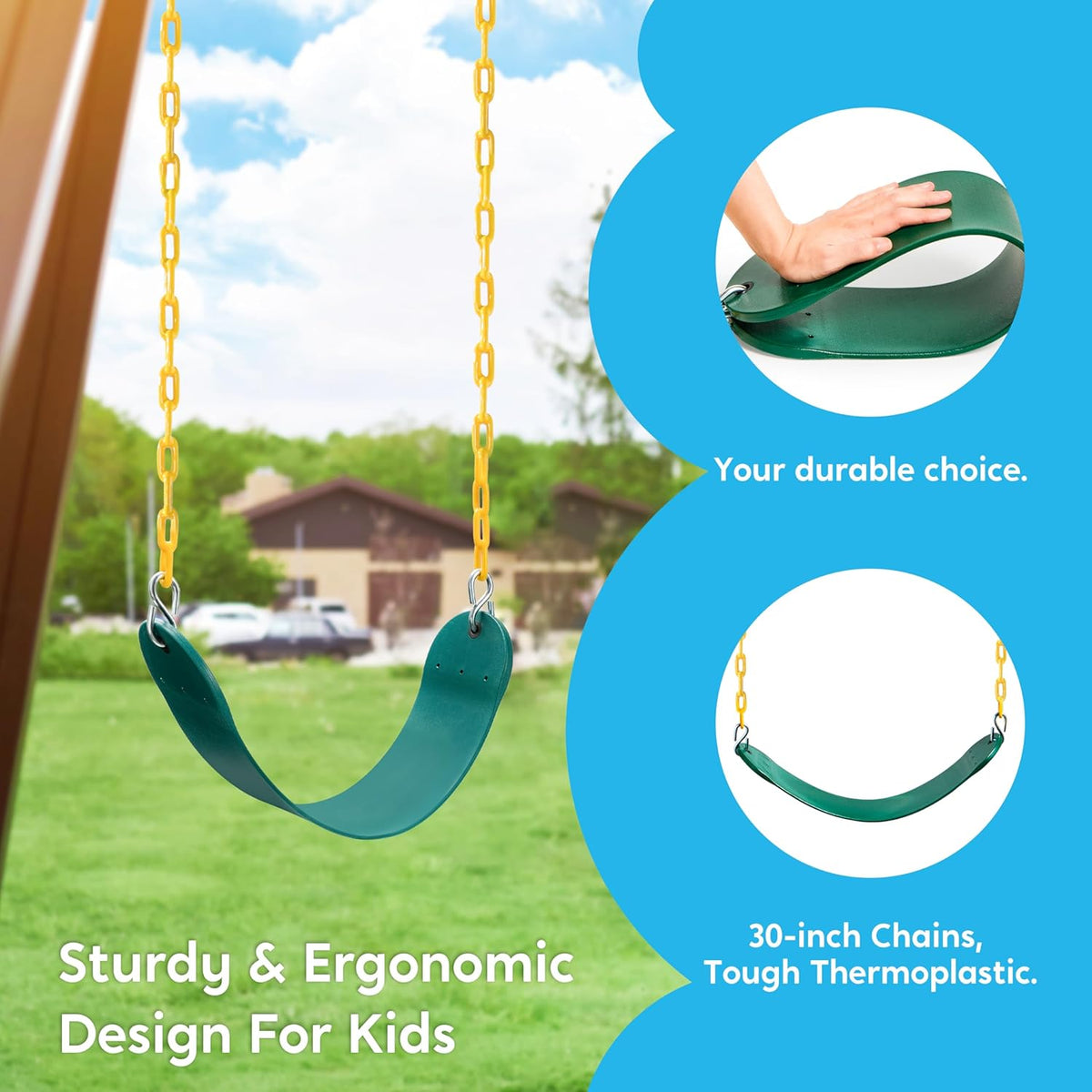 TURFEE Swing Set Accessories - 3 Pack with Gym Rings, Trapeze Bar & 2 Swings - Green for Kids Outdoor Play