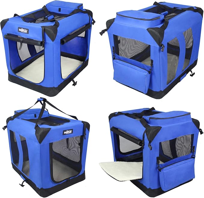 EliteField 3-Door Folding Soft Dog Crate with Carrying Bag and Fleece Bed (2 Year Warranty), Indoor & Outdoor Pet Home (20" L x 14" W x 14" H, Royal Blue)