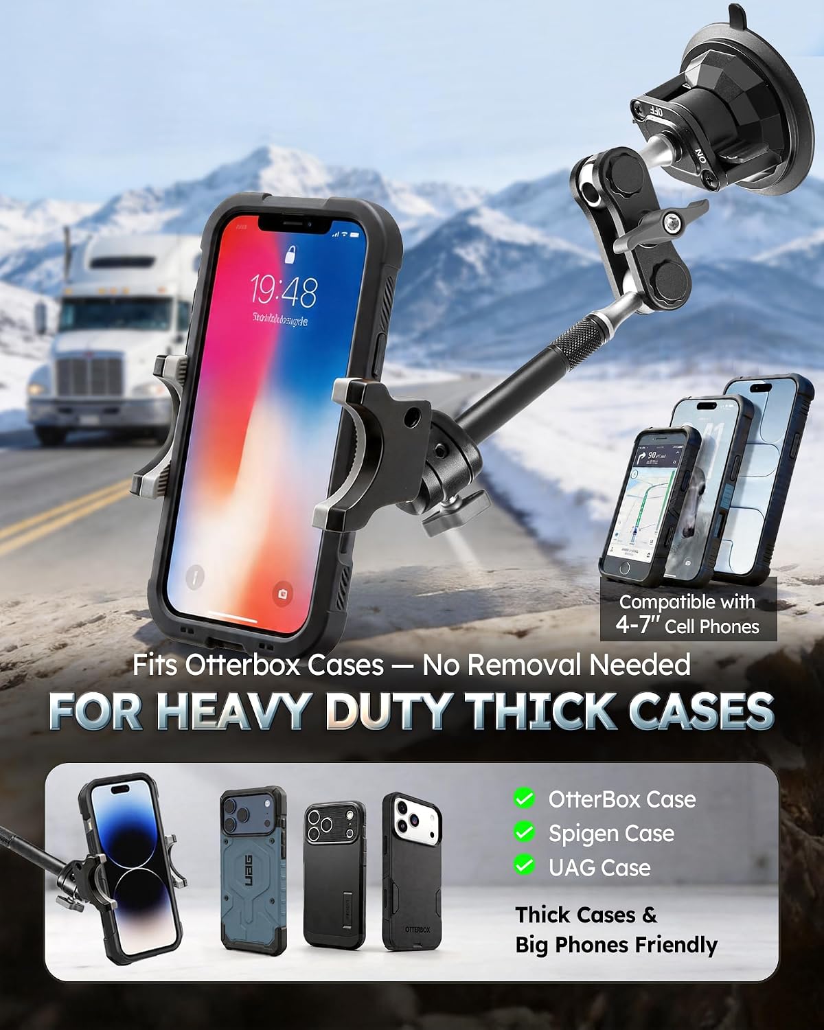 Semi Truck Phone Mount for Drivers, 360° Anti-Shake with Extension Rod