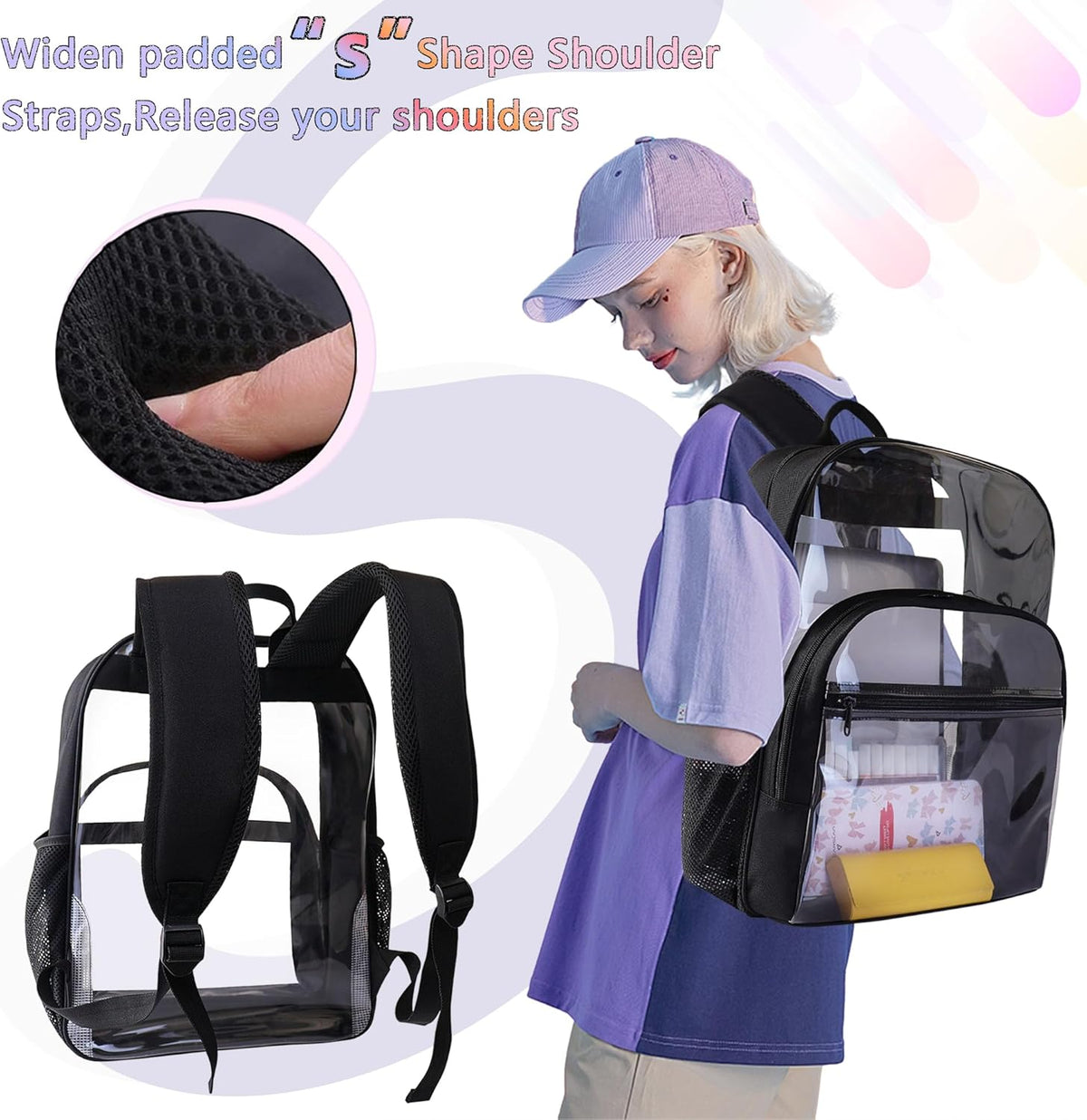 Skiennix Clear Backpack - Heavy Duty Transparent Bookbag for School | 18-Inch Black PVC Design