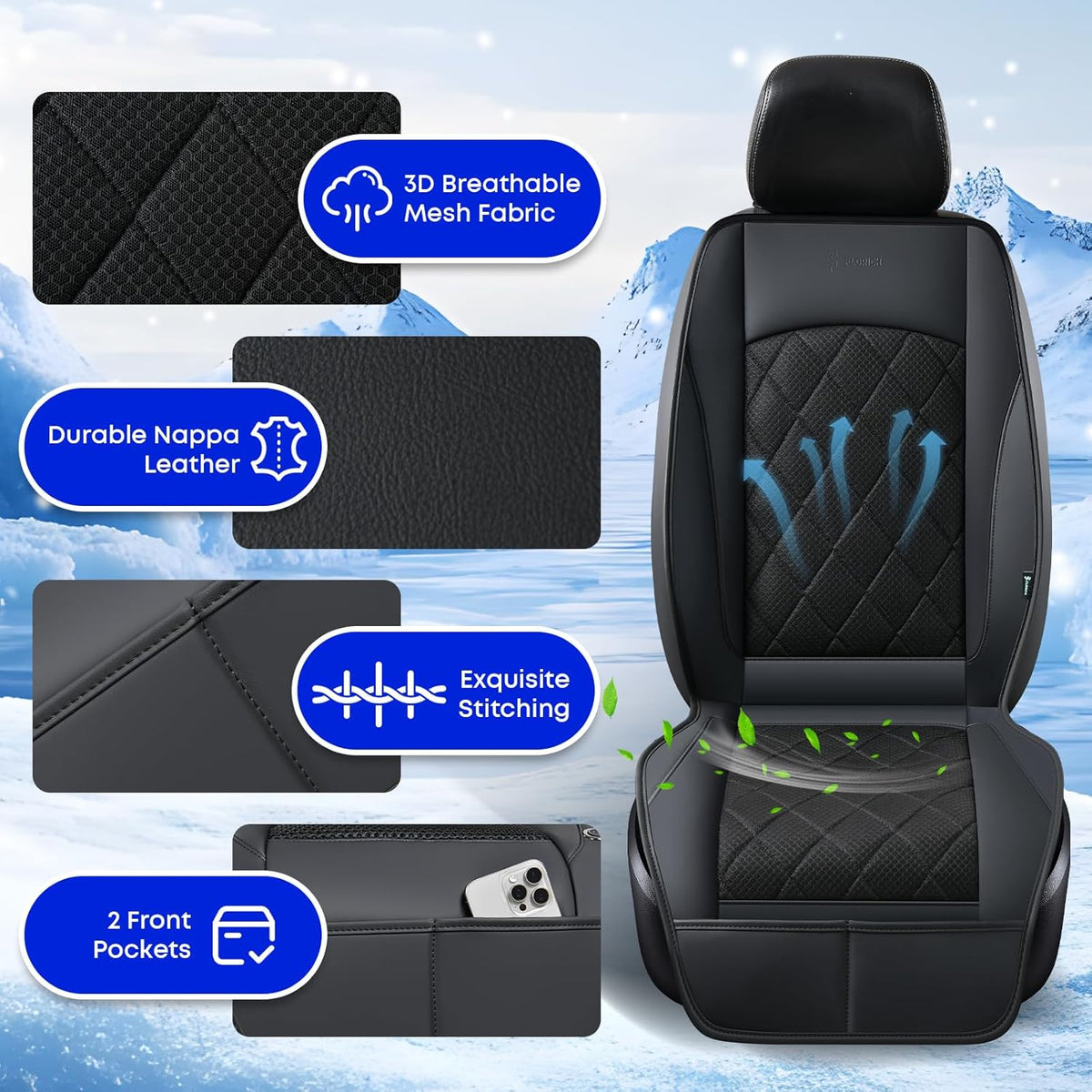 [2026 Upgrade] Cooling Car Seat Cover Ventilated Seat Cushion Summer Driving 12V-24V Ventilated Car Seat Cushion with 2 Powerful Turbo Fans with 3-Speed Adjustable Universal Fit Most Car-Slight Black