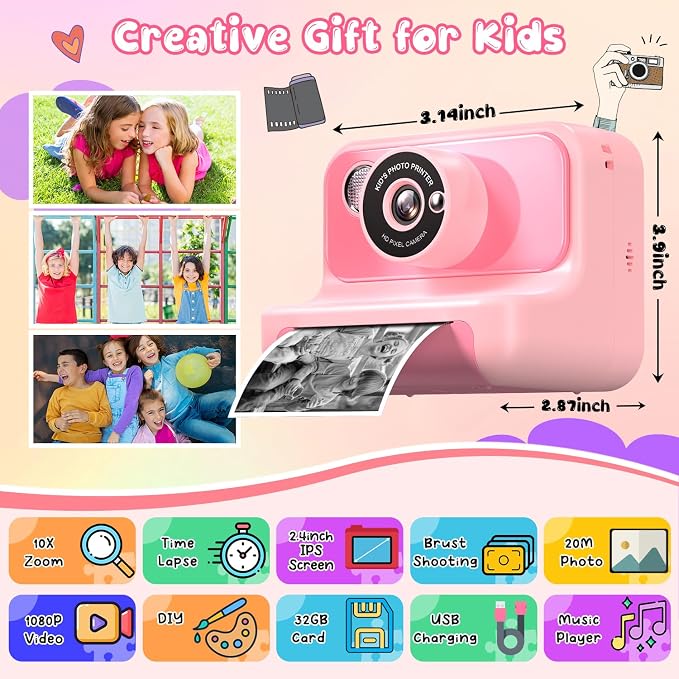 Kids Camera Instant Print, Kids Camera 1080P HD Video Digital Camera, Christmas