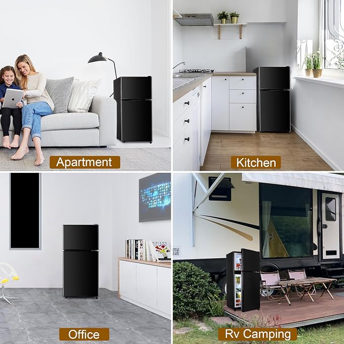 Mini Refrigerator with Freezer 3.5 Cu. Ft. Small Fridge with Freezer Black | 2 Door Mini Fridge with 7-Level Adjustable Thermostat Removable Shelves, Compact Refrigerator for Office/Dorm/College/RV