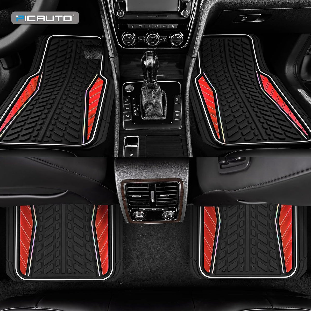 PIC AUTO Car Floor Mats, Red Aluminum-Molded with Full-Circle Iridescent Inlay Strip Car Mats, Universal-Fit Rubber Mats for Cars, Trucks & SUVs, All-Weather, Non-Slip, Easy-to-Clean Interior Mats