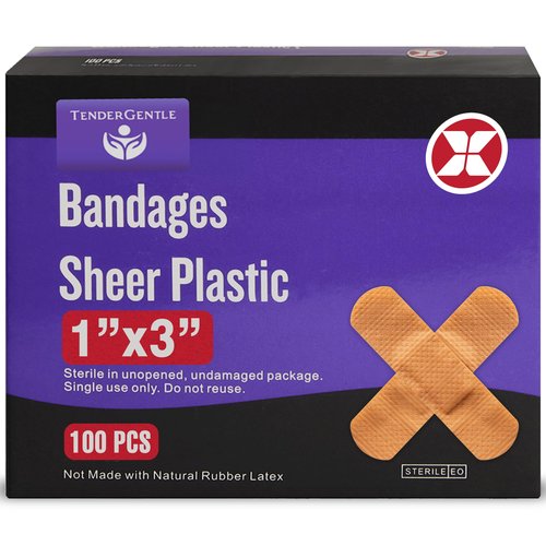 Adhesive Bandage - Box of 100 1" Flexible Sheer Plastic Bandages for Cuts, Scrapes, Burns - Latex Free, Sterile Small Bandages