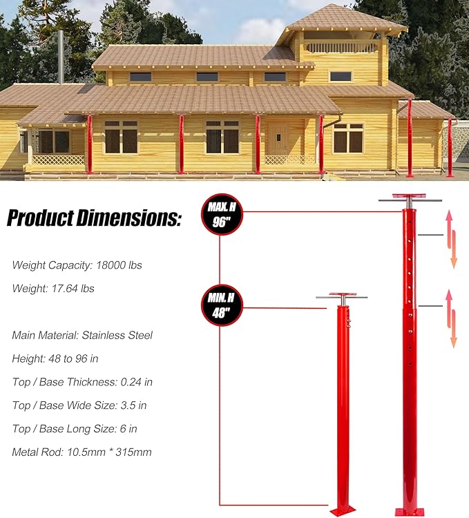 2 Pack House Jack Post Pole for Leveling, 48"-96" Adjustable House Floor Jacks, Support Joist Beam Brace Telescoping Jack Stands for Basements, Decks, Crawl Spaces, 18000 lbs Max Load Capacity