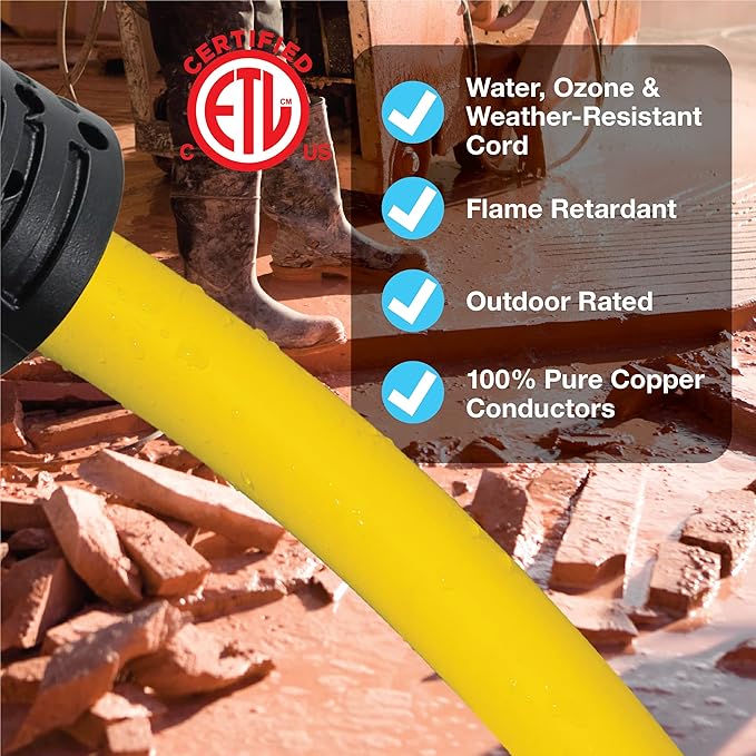 Clear Power 25 ft 12/3 SJTW Heavy Duty Outdoor Extension Cord, Water & Weather Resistant, Flame Retardant, Yellow, 3 Prong Grounded Plug, CP10144