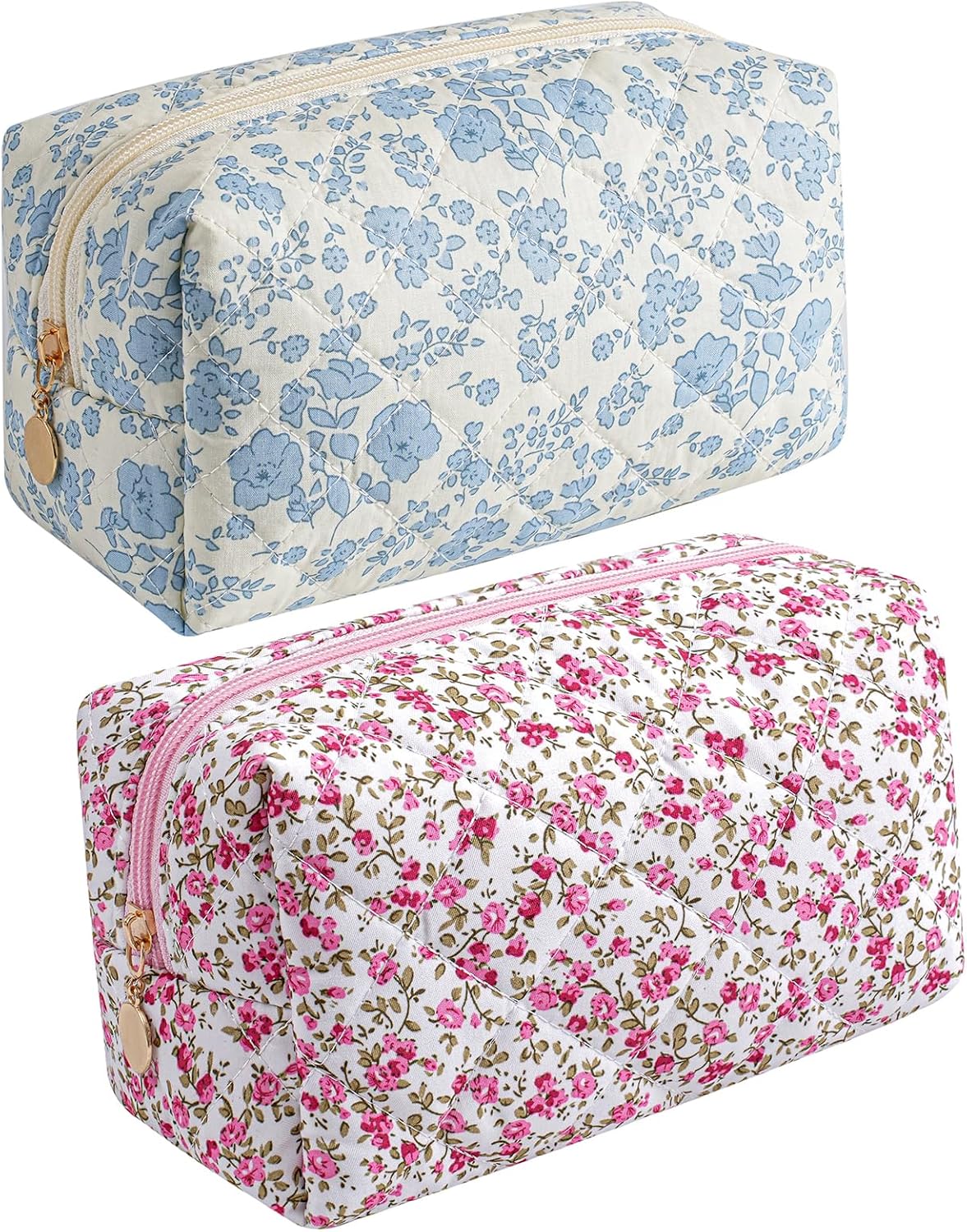 Makeup Bag Travel Cosmetic Bag for Women Girls, Zipper Make Up Pouch, Floral Flowers Toiletry Organizer Makeup, Portable Storage Cosmetic Travel Cloth Bag (Blue Floral+Flower-Red)