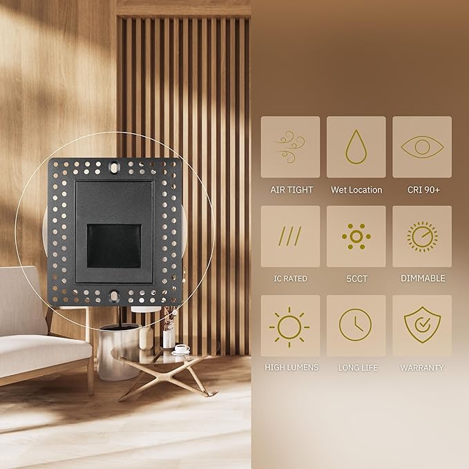 18 Pack 3W Trimless LED Vertical Step Lights, Black Finish, 120V Dimmable LED Stair Lights Indoor and Outdoor, 75 Lumens, CRI 90+, IC Rated, 5CCT Selectable 2700K|3000K|3500K|4100K|5000K