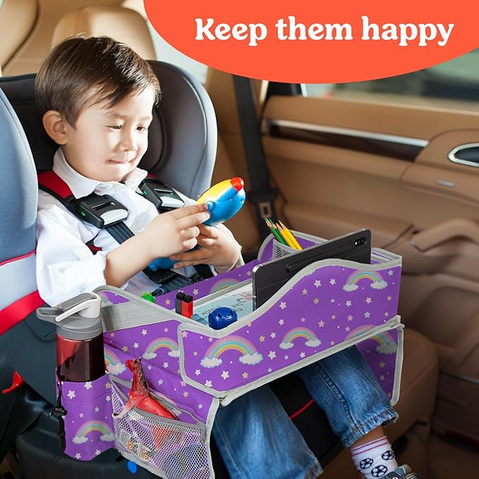 PILLANI Kids Travel Tray for Car - Car Seat Tray for Kids Travel, Road Trip Essentials Must Haves - Carseat Table Roadtrip Activities - Toddler Lap Desk Organizer for Airplane - Kids Travel Essentials