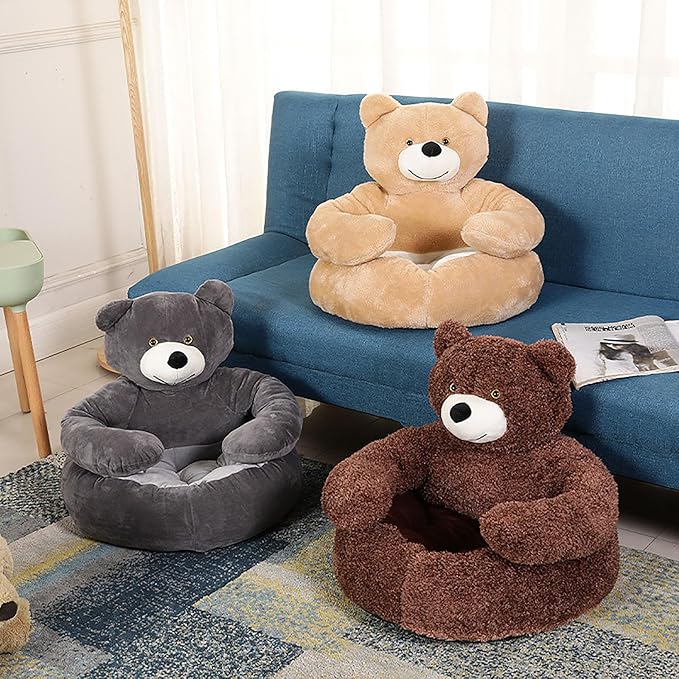 Dog Sofas & Chairs, pet Shape Sofa, Slip Resistant Dog cat Furniture, Adorable Bear Shaped Pet Sofa Bed, Washable Dog cat Couch, Plush Soft Couch for Dogs and Cats L(bottomDiameter55cm) Khaki+mat