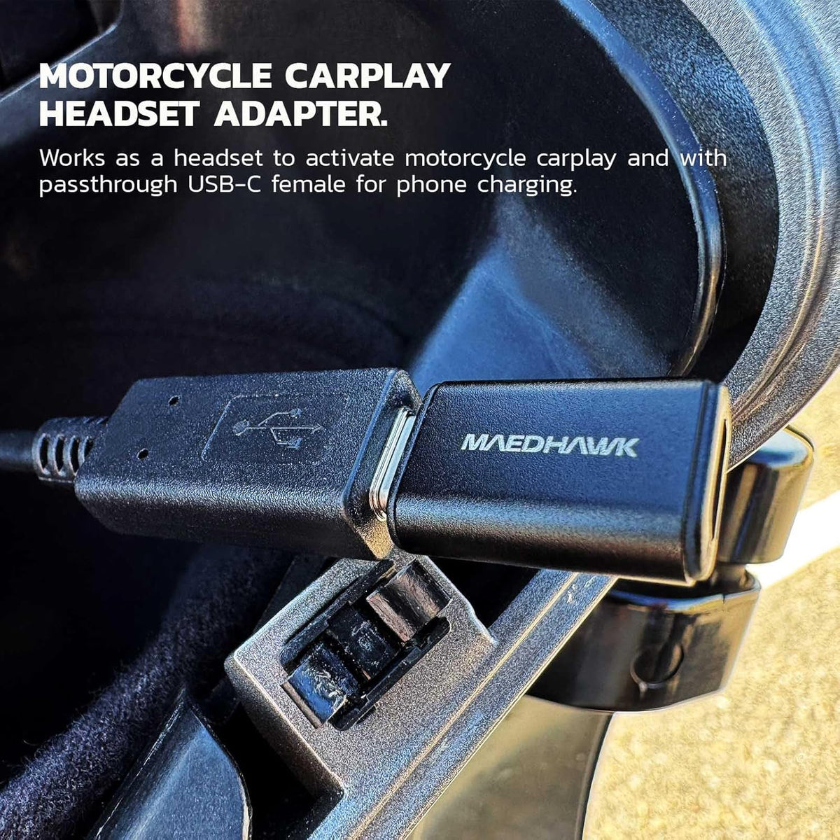 MaedHawk Bypass Motorcycle CarPlay Bluetooth Headset Adapter with Passthrough USB-C Charging Port