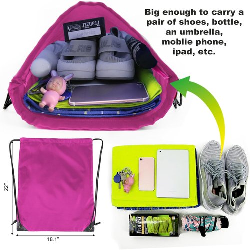 BeeGreen Drawstring Backpack - X-Large Heavy Duty Cinch Sack | 22.4" L x 17.5" W, Machine Washable, Black & Pink - Perfect for Gym & Sports
