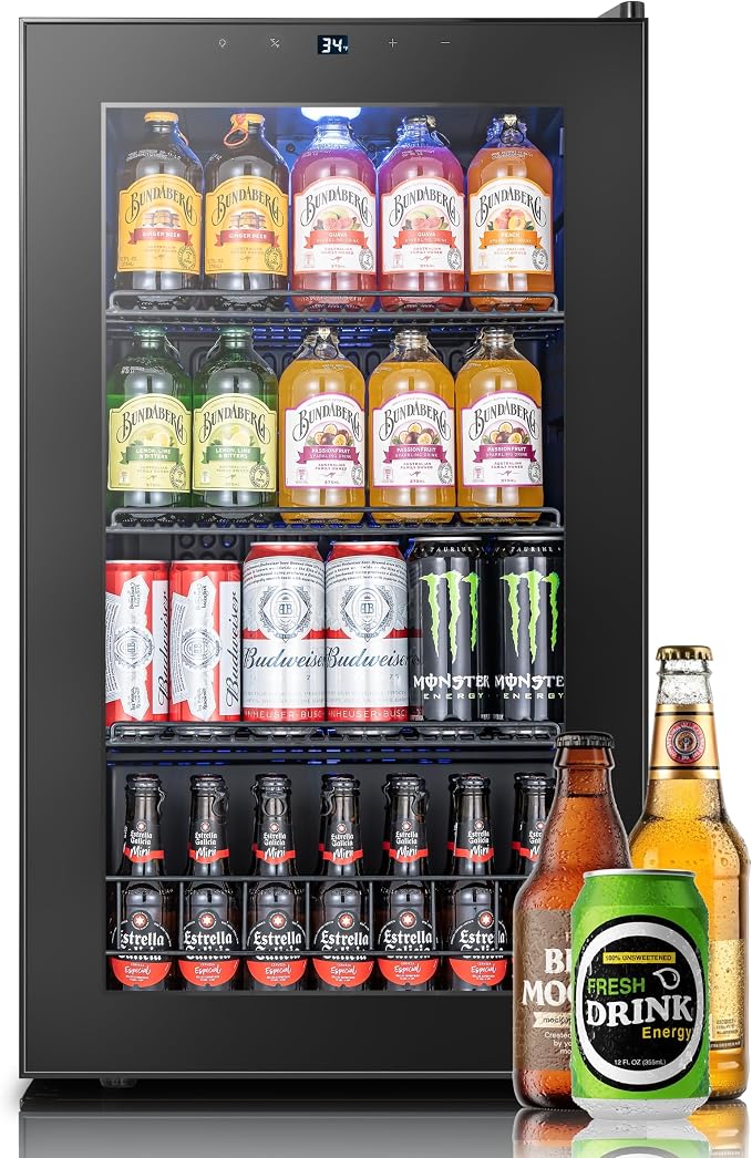 Yeego Beverage Refrigerator, 130 Can Mini Fridge with Glass Door, Adjustable Shelves, Digital Temperature Control 34°F-54°F, Drink Cooler for Soda, Beer and Wine, Freestanding or Under Counter, Black