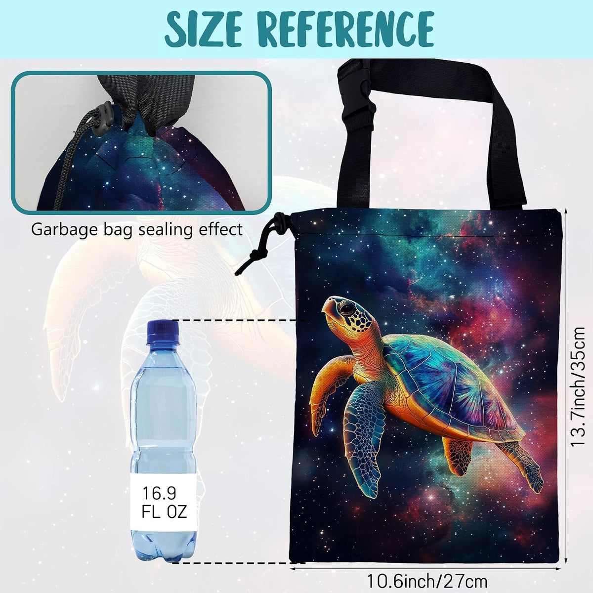 Colorful Galaxy Nebula Car Garbage Bag Sea Turtle Drawstring Car Trash Bag Hanging for Back Seat with Adjustable Buckle Canvas Vehicle Trash Can Easy-to-Install