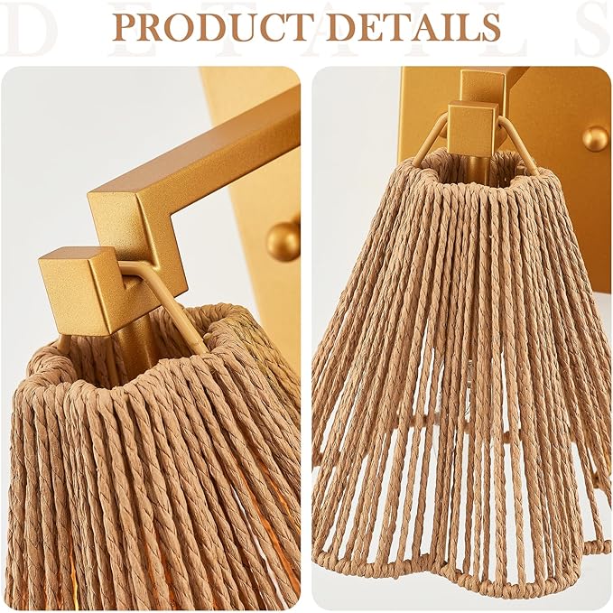 Set of 2 Wall Sconces Boho Hand Woven Rattan Wall Lights Brass Wall Lamp with Flower Wicker Shade for Bedside Hallway Vanity Stairway Fireplace Living Room, UL Listed