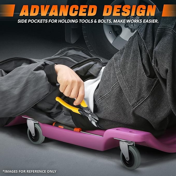 DNA MOTORING 40" L X 19" W Vehicle Repair Low Profile Plastic Rolling Garage Shop Creeper with Padded Headrest,Tool Trays & 6pcs Casters, Purple, TOOLS-00217-PR