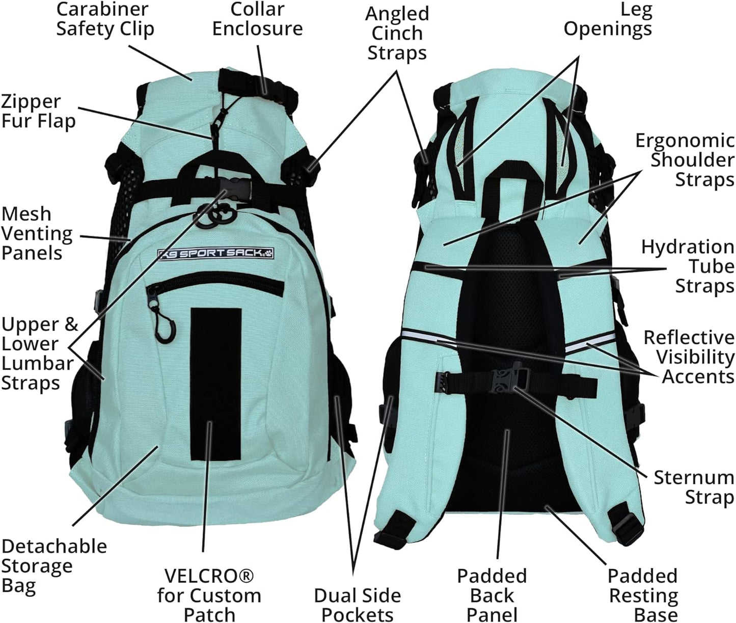 K9 Sport Sack Plus 2 - Medium, Summer Mint - Ideal for Dogs 17-19” Long - Adjustable, Backpack-Style Carrier with Multi-Functional Storage Pack, Thick Shoulder Straps & Padded Back Panel
