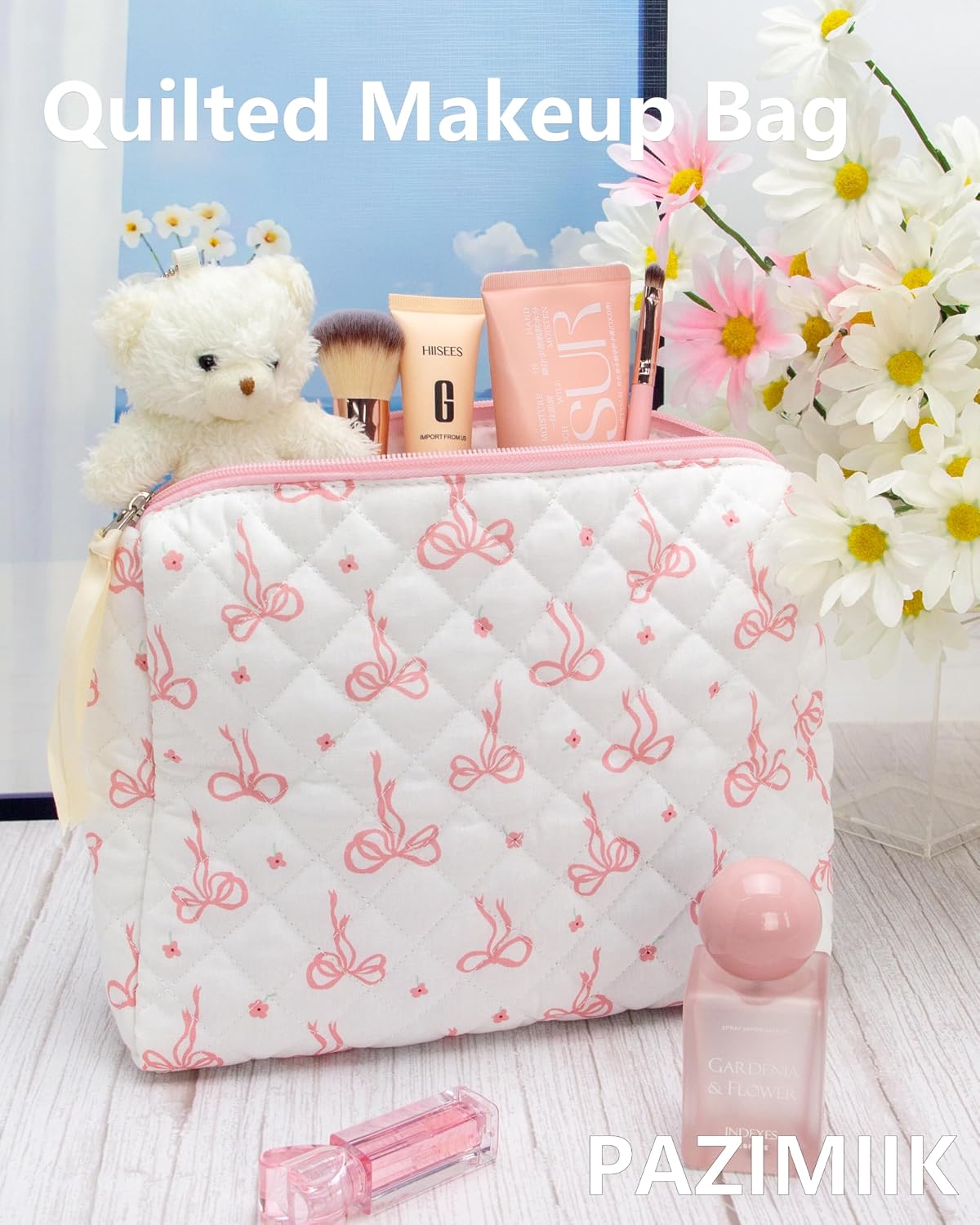 Quilted Makeup Pouch for Women, Travel Cosmetic&Toiletry Bag,Bow Pink