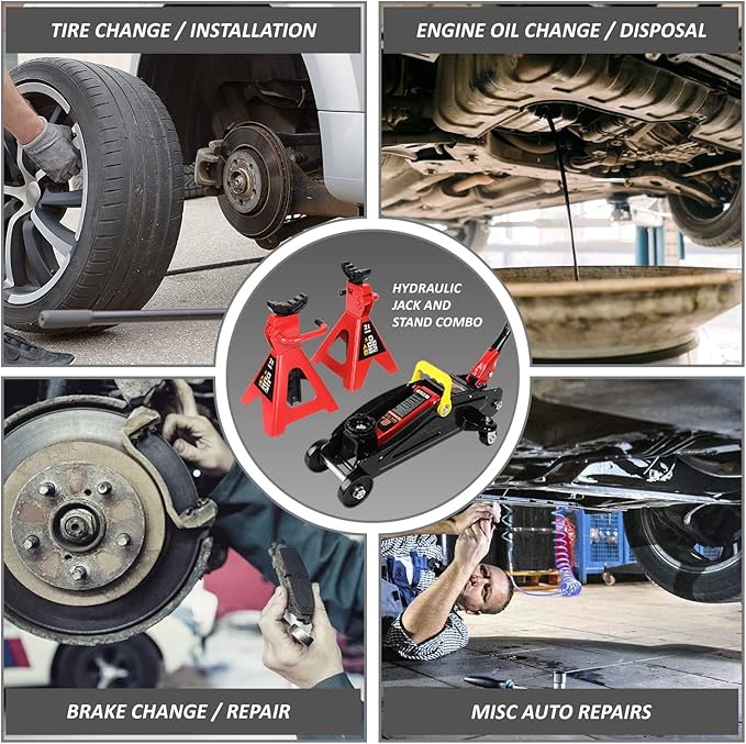 DNA Motoring 2 Ton Car Jack and Stands Kit 2T(4000 lbs) Capacity Low Profile Hydraulic Trolley Service/Floor Jack with 2 Ratchet Stands Combo for Home Garage Shop, Red/Black, TOOLS-00280