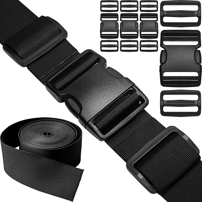 2" Straps and Buckles Set: 6 yard Nylon Webbing 2 inch (50 mm) Wide, 4 pack Side Release Buckle, 8 pcs Tri-Glide Sliders, Plastic Clip Quick Fasteners Replacement Heavy Duty Dual Adjustable No Sew