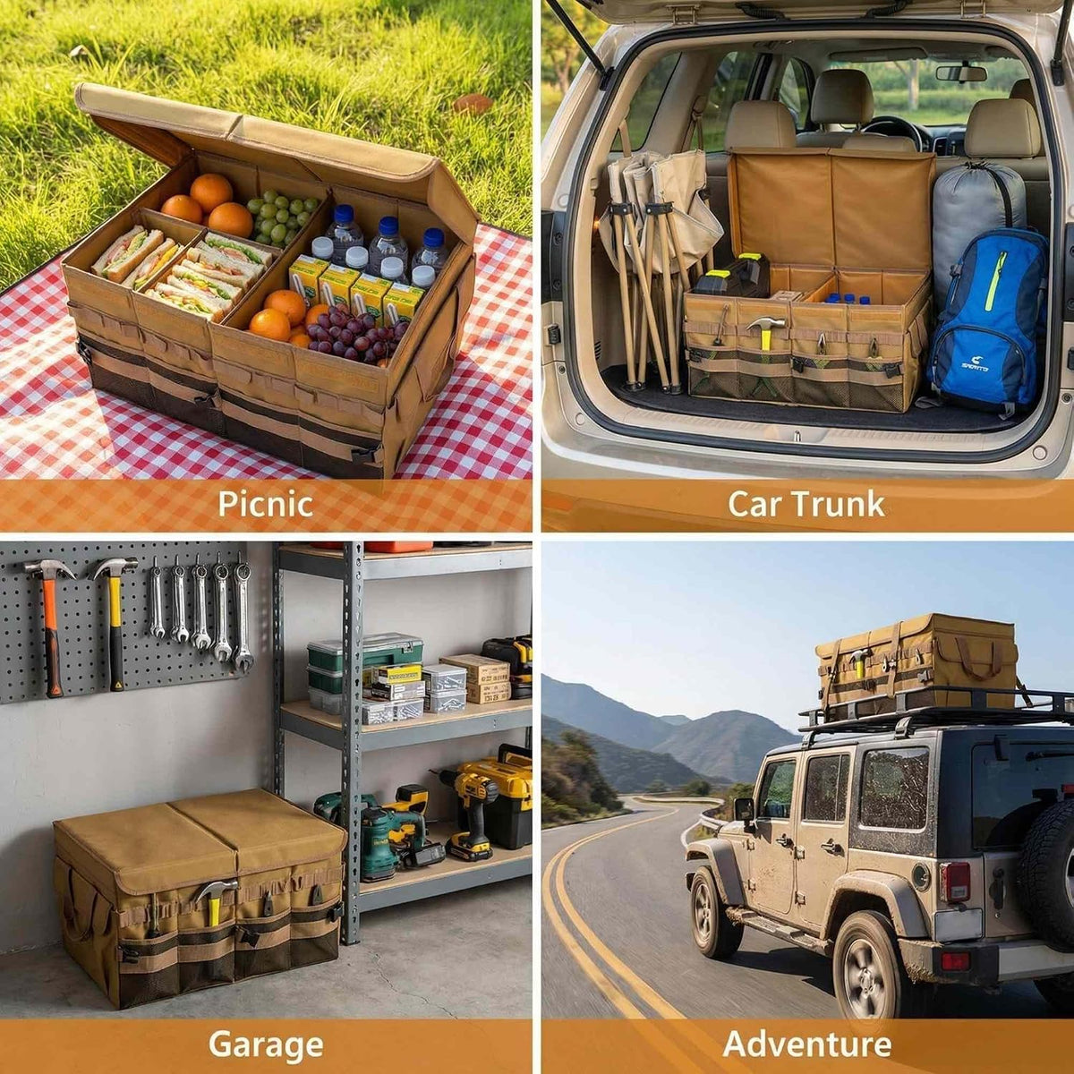Large 70L SUV Trunk Organizer, Trunk Organizer With Lid, Foldable Cargo Storage Box, Brown, 4-Compartments With Handle, Universal for Car Sedan Truck Camping Grocery Shopping Travel