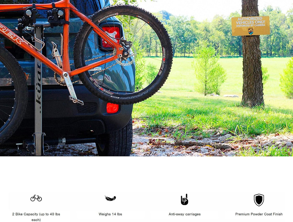 KUAT Beta Hitch-Mounted Bike Rack | Hanging-Style Durable Lightweight Aluminum Powder Coated Folding Tilting-Down Gray Bicycle Car Truck Transportation Hauling Rack | 2 Bike Capacity