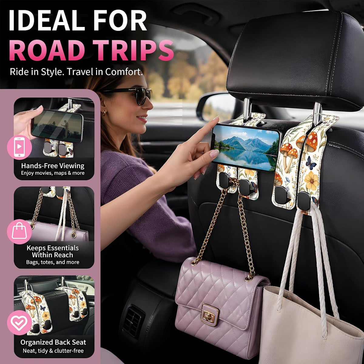 Car Seat Back Storage Hook, Funny Car Purse Hook, Cute Vehicle Storage Organizer for Purses Handbags Cute Mushroom Floral