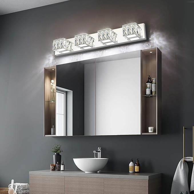 ZUZITO 4 Lights Bathroom Vanity Light - Crystal Modern Vanity Lights for Bathroom - Dimmable 24W LED Chrome Bath Light Fixtures Over Mirror Cool White Light
