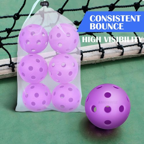 Amoswiz Indoor Pickleball Balls, 6 Pack of 26 Holes Pickleballs, USAPA Approved Indoor Pickleballs Set, High Visibility Durable Pickle Balls for Training and Tournament, Purple