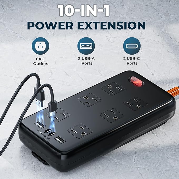 Outdoor Power Strip Weatherproof, IPX6 Waterproof Surge Protector with 6 Wide Outlets and 2USB A&2USB C, 1625W/13A, 6FT Extension Cord, Wall Mountable for Indoor Outdoor, UL FCC Listed