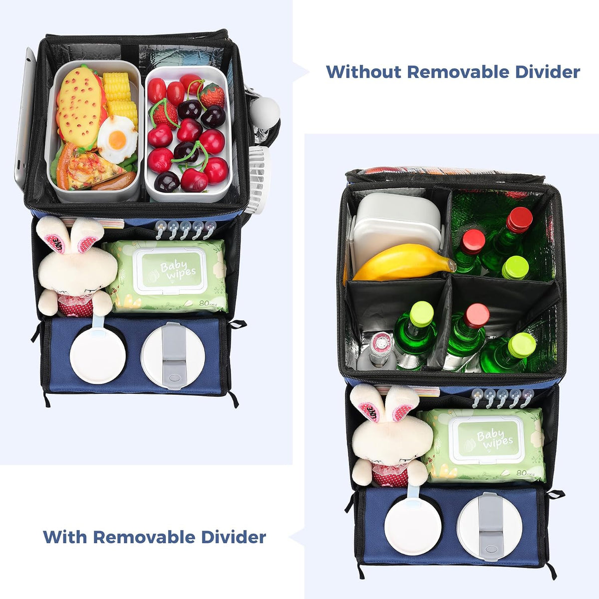 COOLBEBE Car Seat Organizer, Backseat Car Organizer with Cup Holders for Kids and Adults Travel, Cooler Compartment Passenger Seat Organizer Storage Box for Front or Middle Seat, Navy Blue