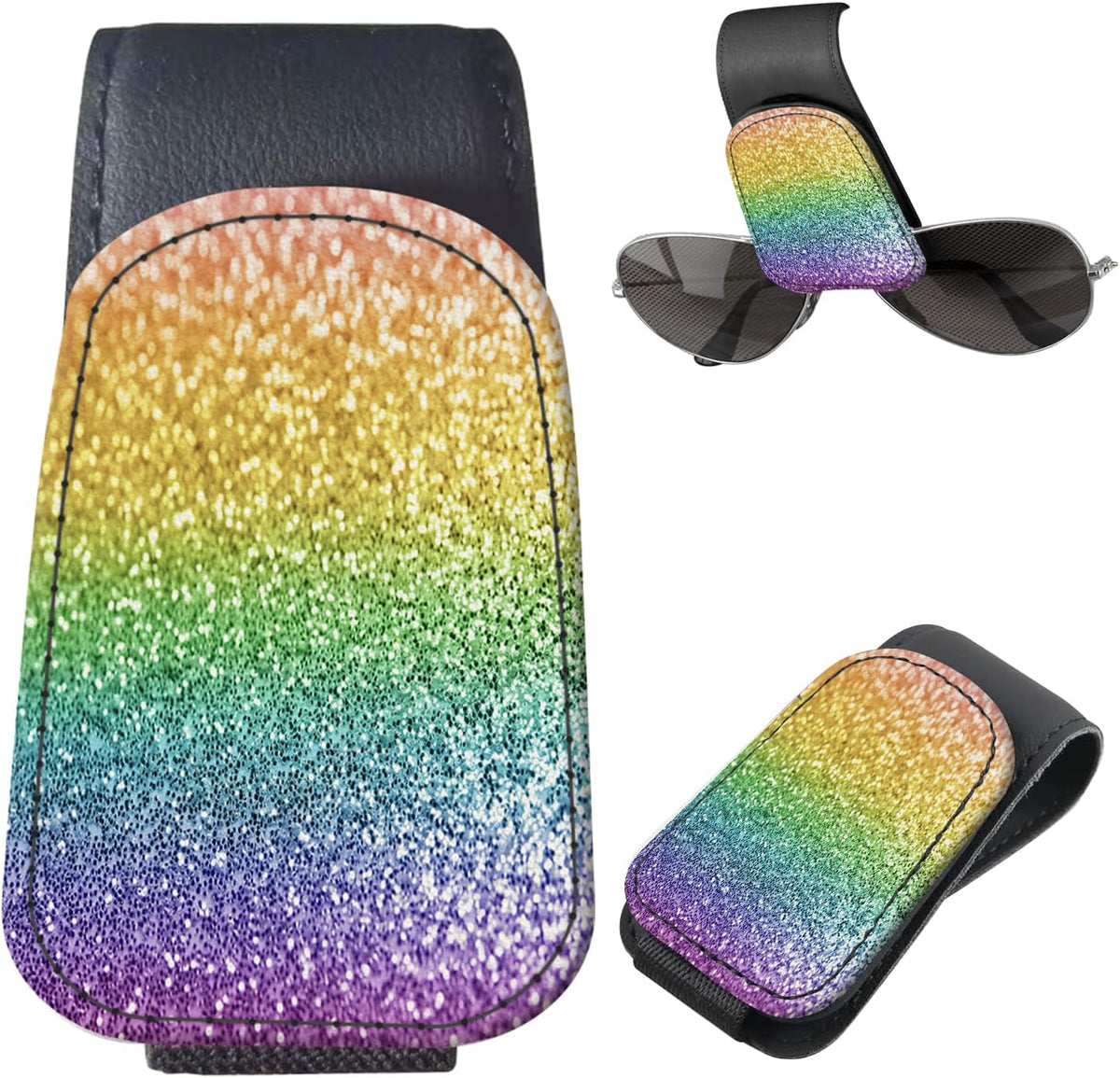 Sunglasses Holder for Car Visor, PU Leather Glasses Clip Organizer, Cute Magnetic Eyeglass Holder for Vehicle Sun Visor, Car Interior Accessory for Women & Men Black Sparkle Leopard