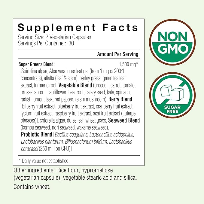 COUNTRY FARMS Super Greens Vegicaps, 32 Super Foods, Whole Food Supplement, Greens, Fruit, Vegetables, Mushrooms & Probiotics, Rich in Antioxidants & Phytonutrients, 120 Count, 60 Servings