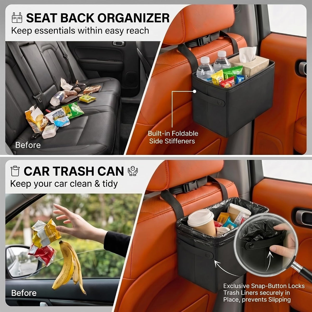 Car Seat Back Organizer, Hanging Leather Storage Caddy Kids, Black