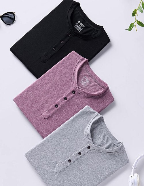 Liberty Pro Men's Casual Henley Shirts - 3-Pack Comfort Soft Stretch Tees, Relaxed Fit Summer T-Shirts