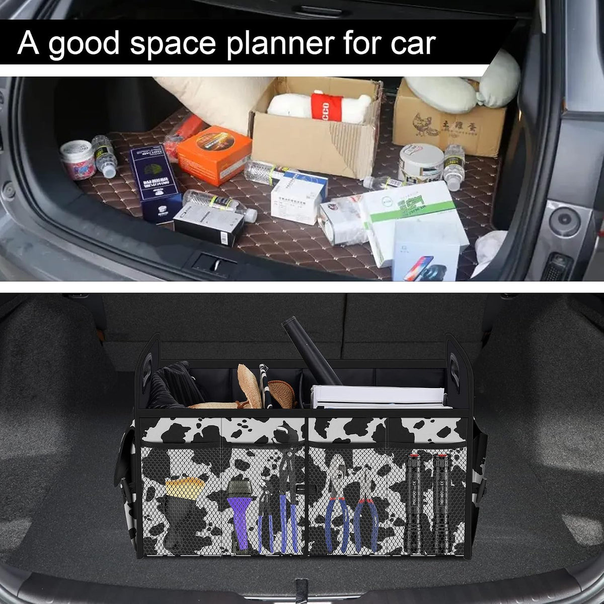 Femuar Car Trunk Organizer,Car Storage Organizer with 72L Large Capacity Waterproof Collapsible and 11 Pockets,Trunk Organizer for Car Suv/Jeep/Sedan, Large Size, Cow print