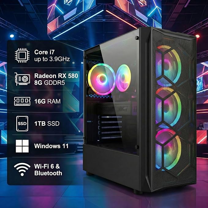 STGAubron Gaming PC Desktop,Core I7,RX 580 8G,16G RAM,1T SSD | Gaming Computer Tower for Streaming,Video Editing,Home,School,I7 up to 3.9GHz,ARGB Fan,WiFi,BT 5.0,4K DP,HDMI,Win11 Home