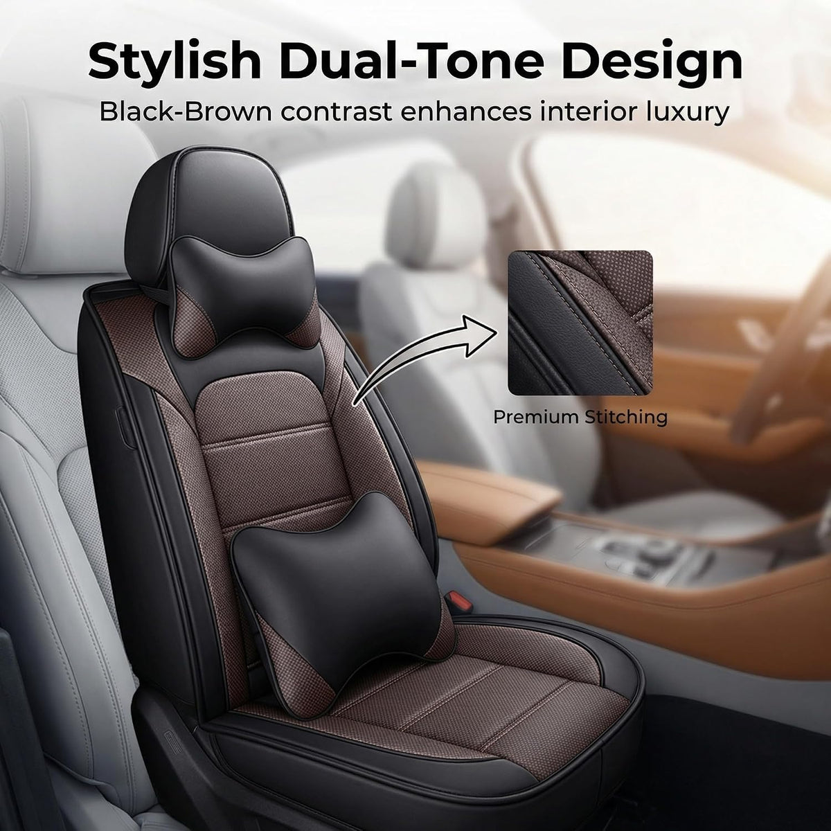 YQ FU Leather Seat Covers Black Brown Full Set w/ 2 Pillows Universal 2 Row