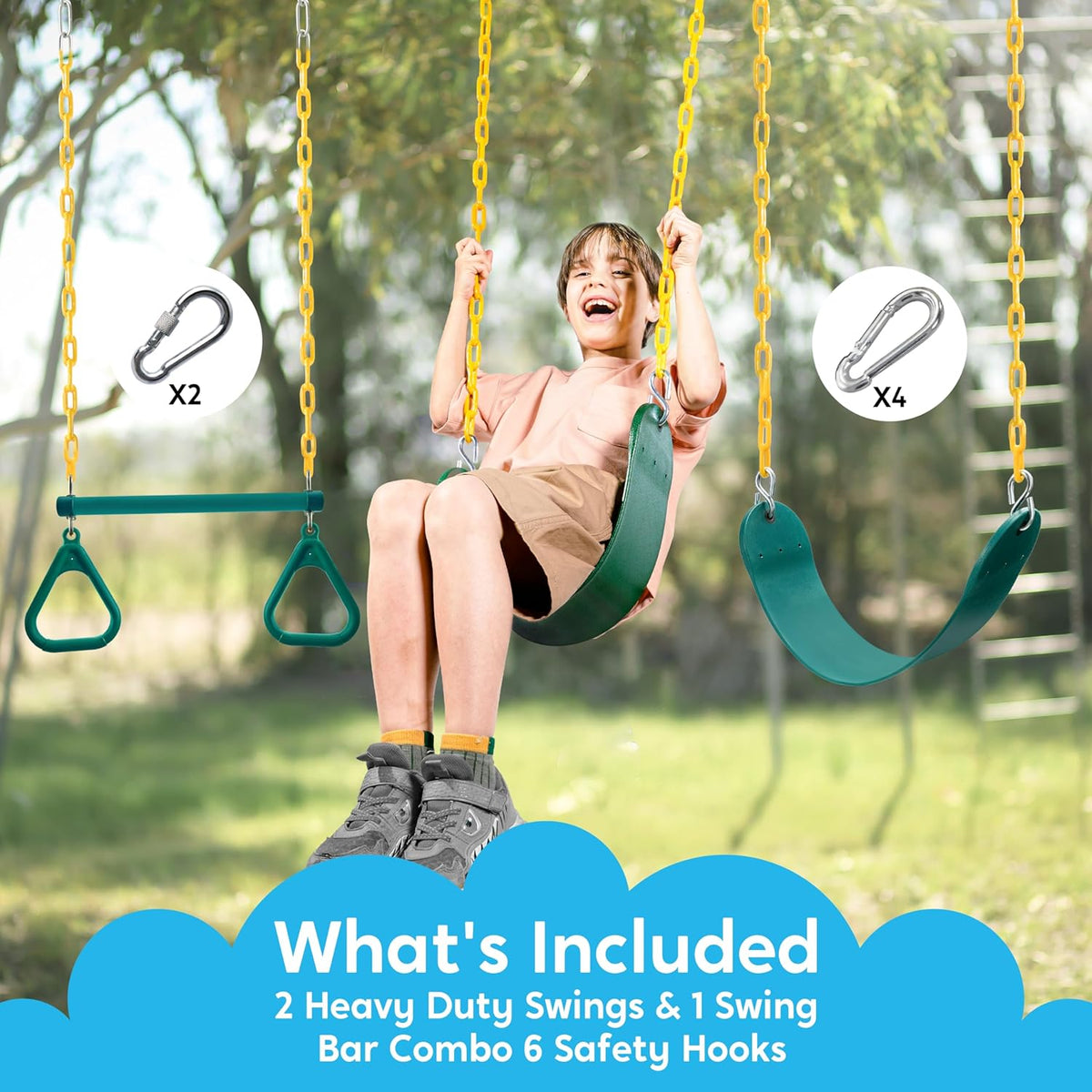TURFEE Swing Set Accessories - 3 Pack with Gym Rings, Trapeze Bar & 2 Swings - Green for Kids Outdoor Play