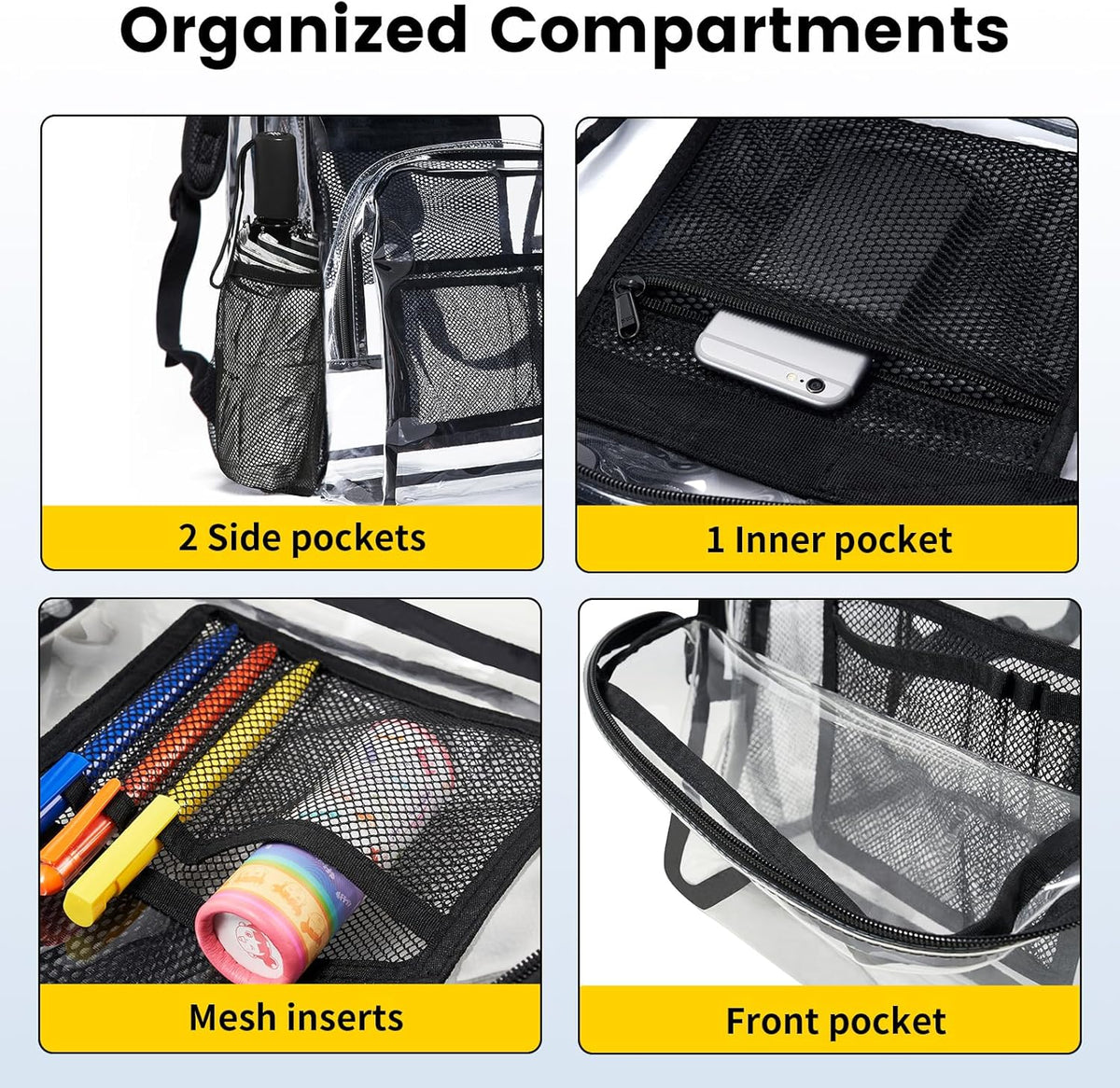 Vorspack Clear Backpack - Heavy-Duty PVC with Reinforced Straps & Large Capacity for College | Black