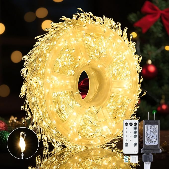 Fairy Lights Plug in, Dailyart 2000 Led Twinkle String Light with Remote 130Ft Waterproof 8 Modes Warm Cluster Lights with Timer for Bedroom Wreath Window Wedding Christmas Tree Decoration,Sliver Wire