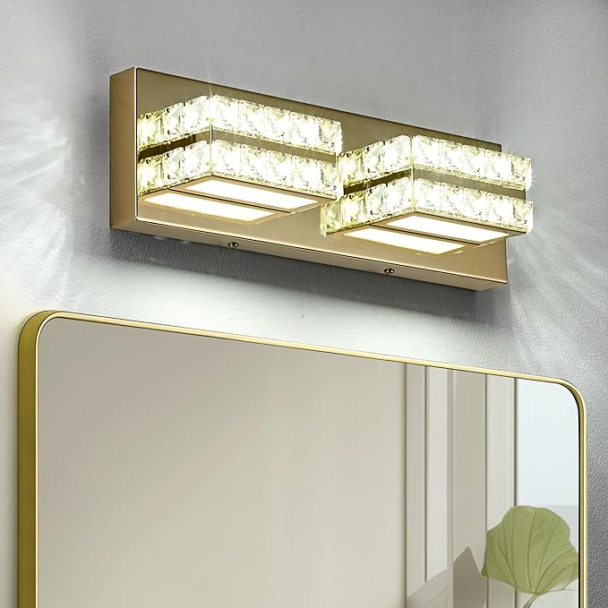OKELI Crystal Vanity Lights LED Bathroom Vanity Light Fixture Over Mirror Modern Indoor Gold Lamp, 6000K Cold White Dimmable, 2-Lights, 18W, ETL Listed