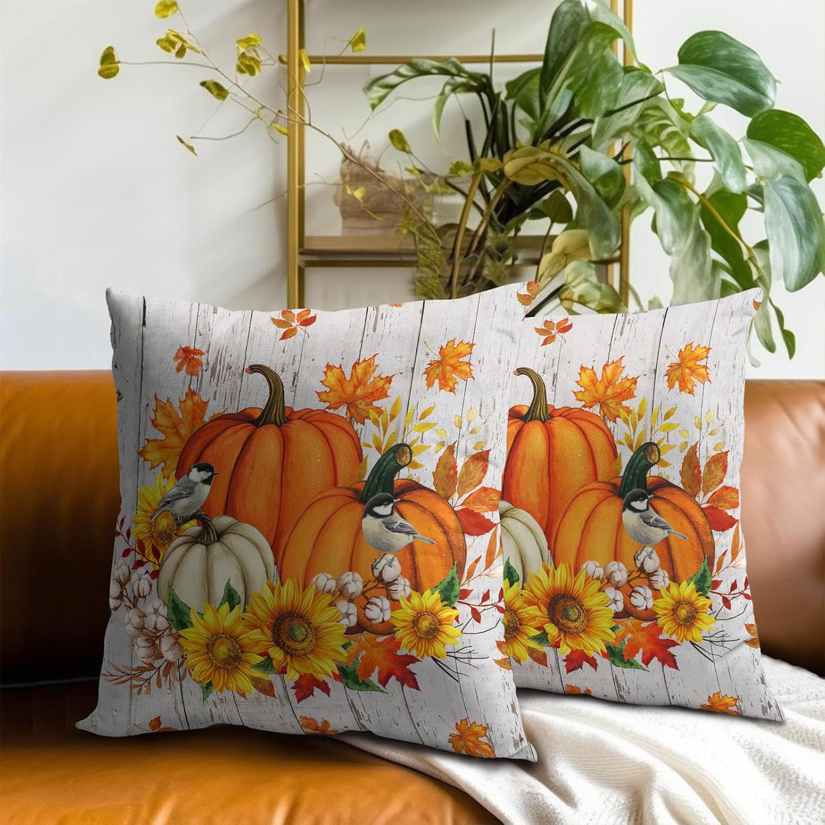 Giwawa Autumn Pumpkin Throw Pillow Covers 16x16 Inch Sunflower Wood Cotton Cushion Cases Set of 2 Seasonal Accent Pillowcase for Sofa Couch Patio