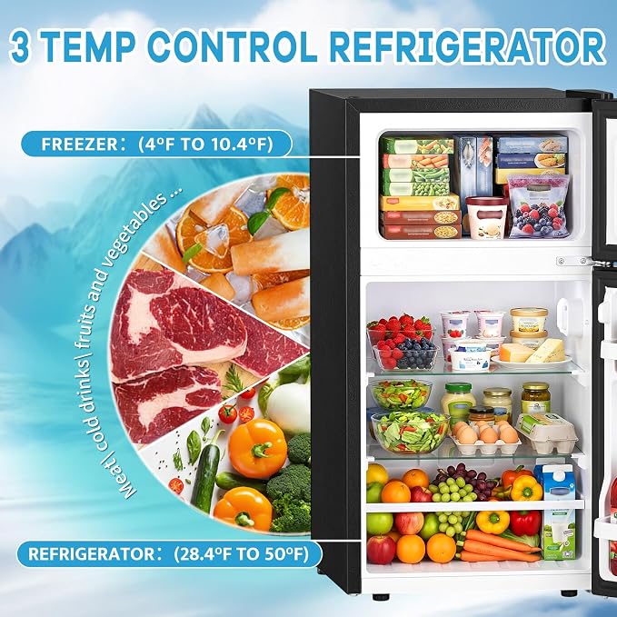 DOGHLY 2.6 Cu.Ft Mini Fridge with Freezer, Double Door Small Refrigerator | Compact Refrigerator with 3 Adjustable Thermostat, Removable Shelf, Low Noise, Small Fridge for Bedroom, Office, Dorm, Black