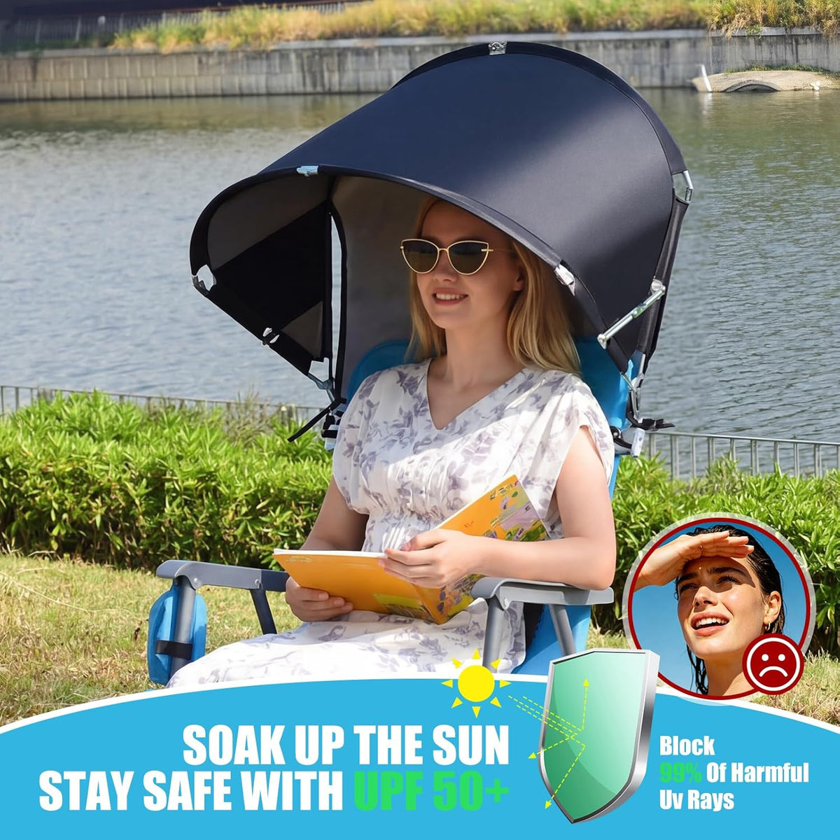 Skiennix Universal Chair Umbrella - Foldable Portable UPF 50+ Sun Shade Attachment | Adjustable Clamp Fits Most Chairs
