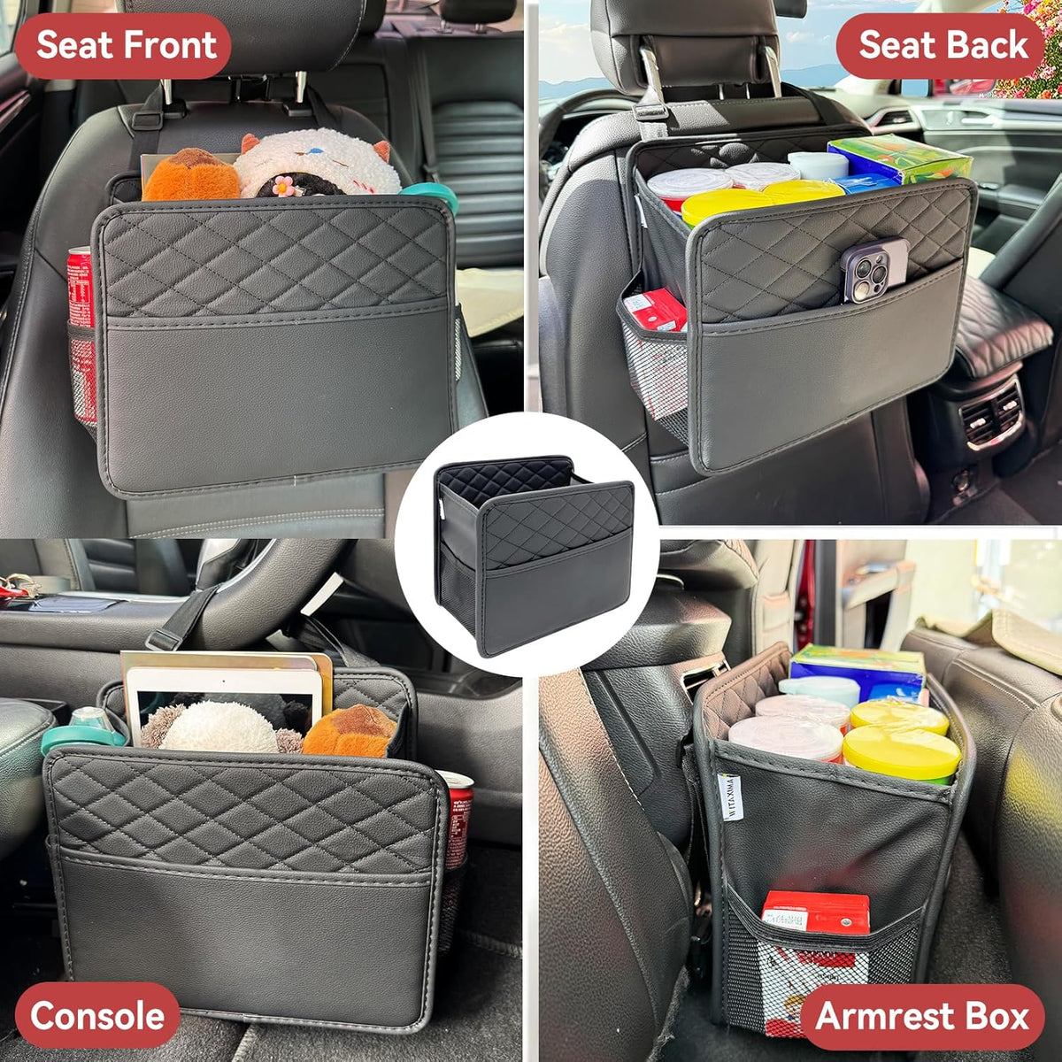 Witaxima Upgraded Extra Large Car Seat Organizer Backseat with 3 Storage Pockets, Multipurpose Car Organizer Hanging Car Trash Bag Can Premium PU Leather Garbage Can 3 Gallon Large Capacity, Black.