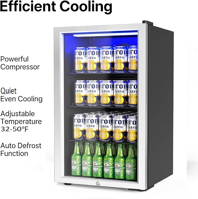 Bonnlo 130 Cans/3.3 Cu.Ft Beverage Refrigerator Cooler with Glass Door & Safety Lock, Quiet Mini Drink Fridge with Adjustable Shelf & Feet, Small Wine Cooler for Bedroom, Bar & Office, 32-50°F, 115V